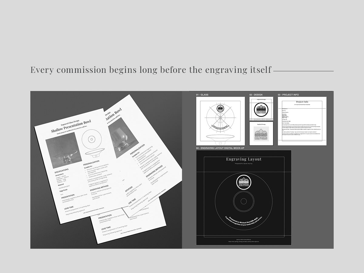 Collection of design documents and layout plans for engraved glass design