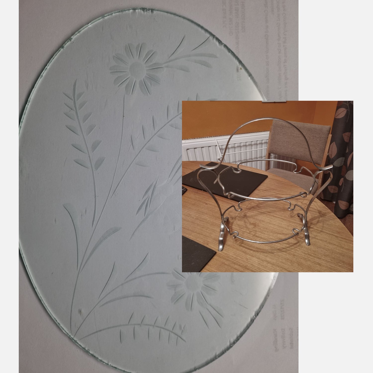 Vintage oval gound glass plate with floral etching and silver cake stand