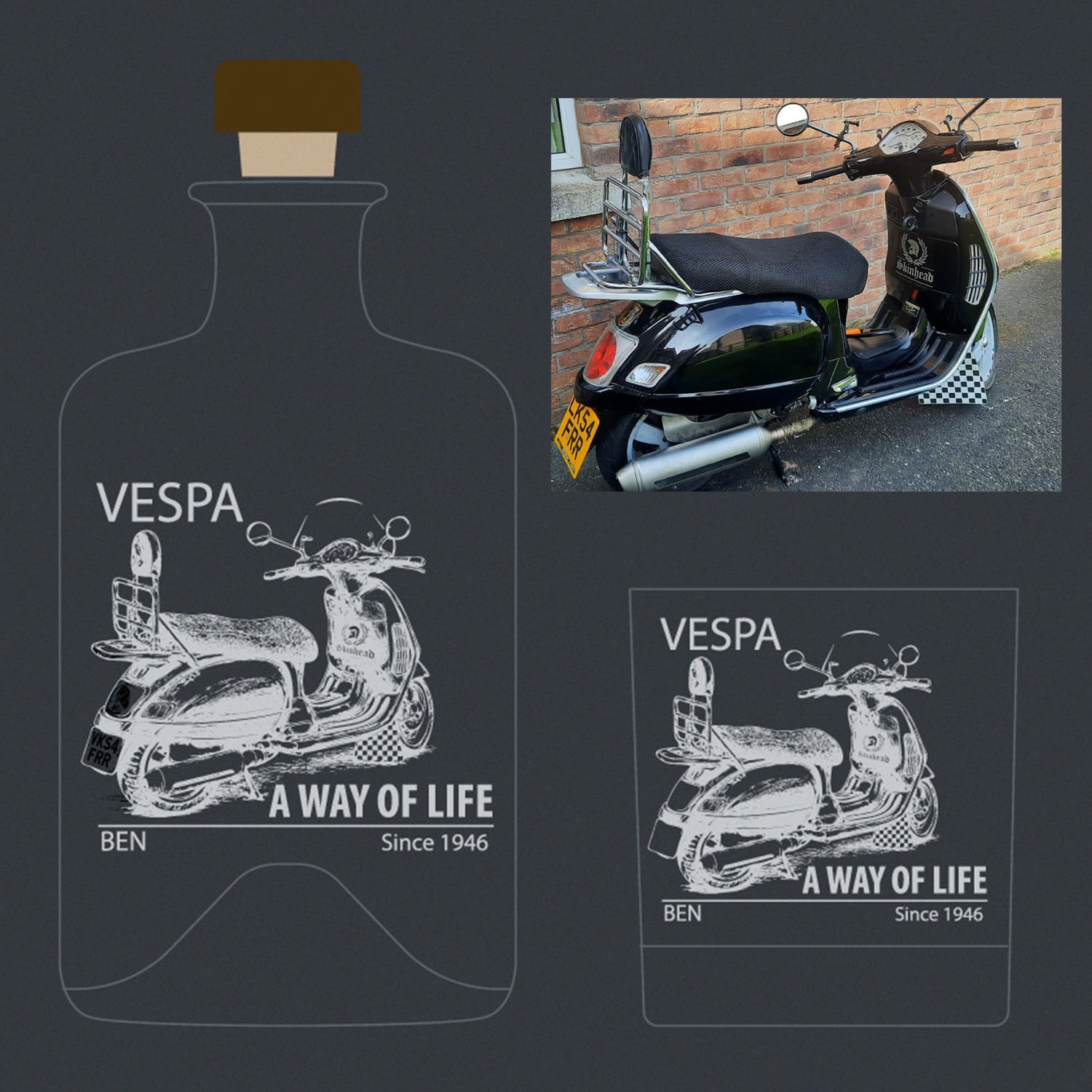Collage of Vespa engraved decanter design and a black Vespa GTS scooter.