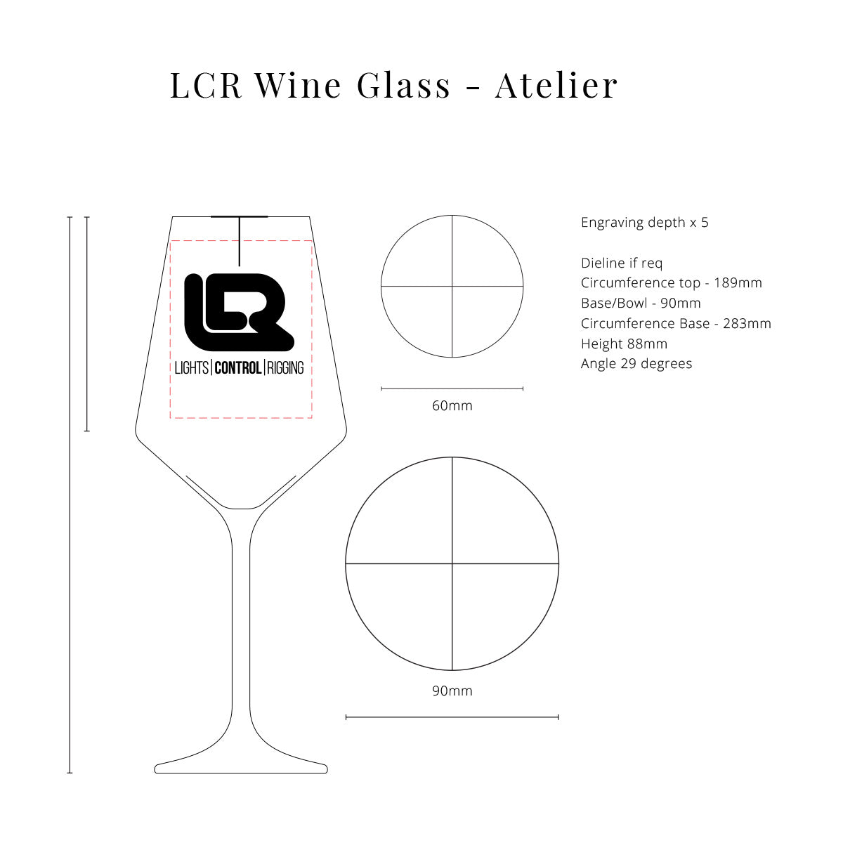 Technical drawing of an LCR wine glass with dimensions and engraving details.