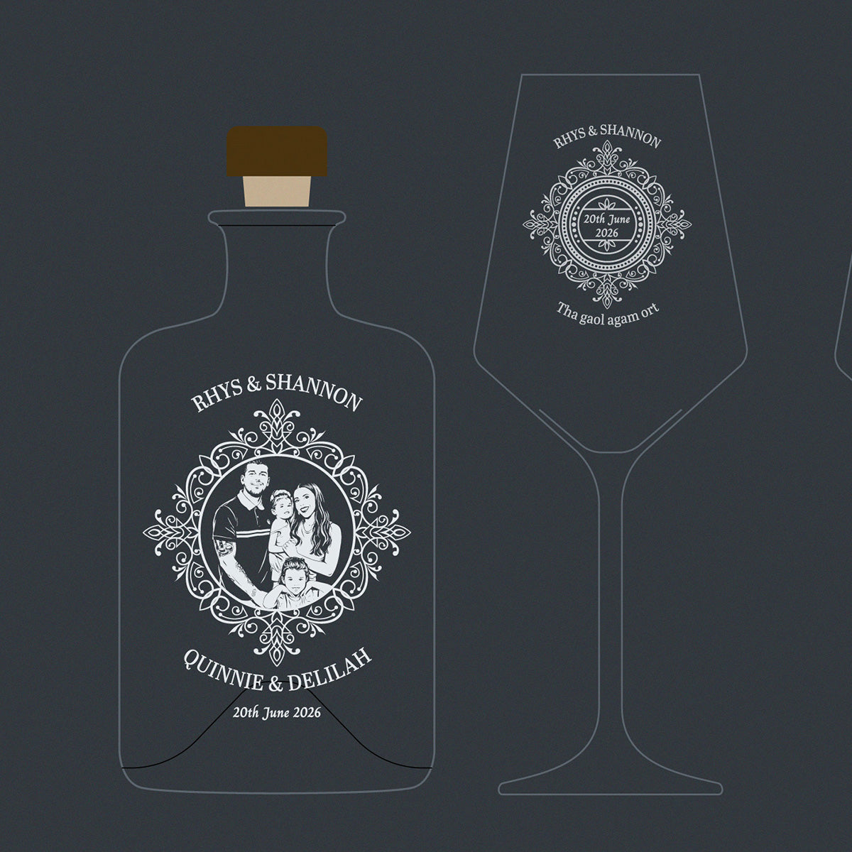 Personalised engraving layout for a bottle and wine glass set with family design