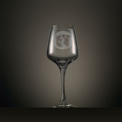 Engraved wine glass featuring a portrait Border Collie design, shown on a dark studio background