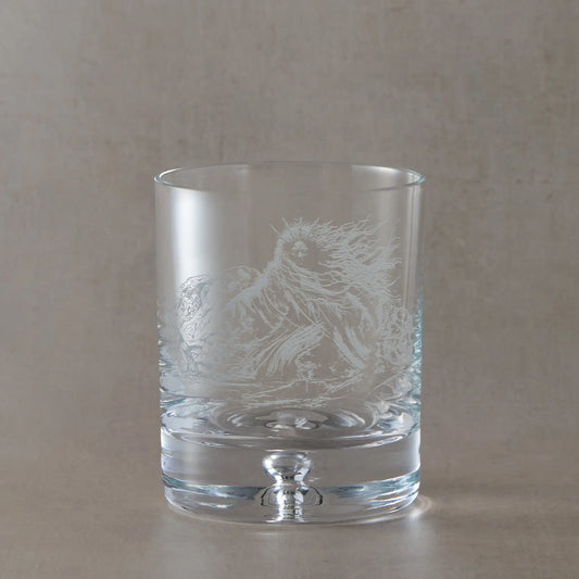 Goddess whisky glass engraved with Beira, Queen of Winter, ancient spirit of the mountain and winter