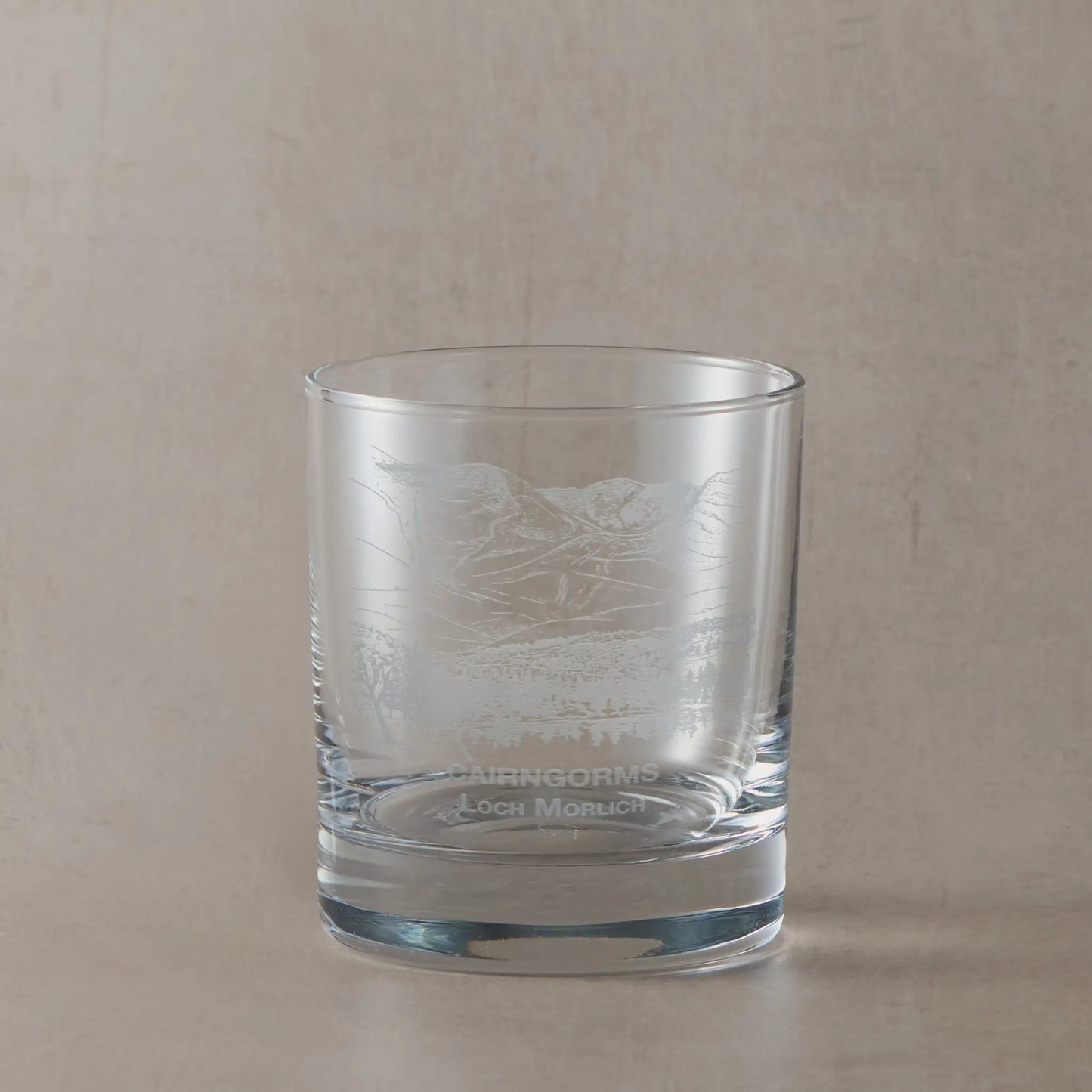 Whisky glass engraved with Loch Morlich with the Cairgorms in the background