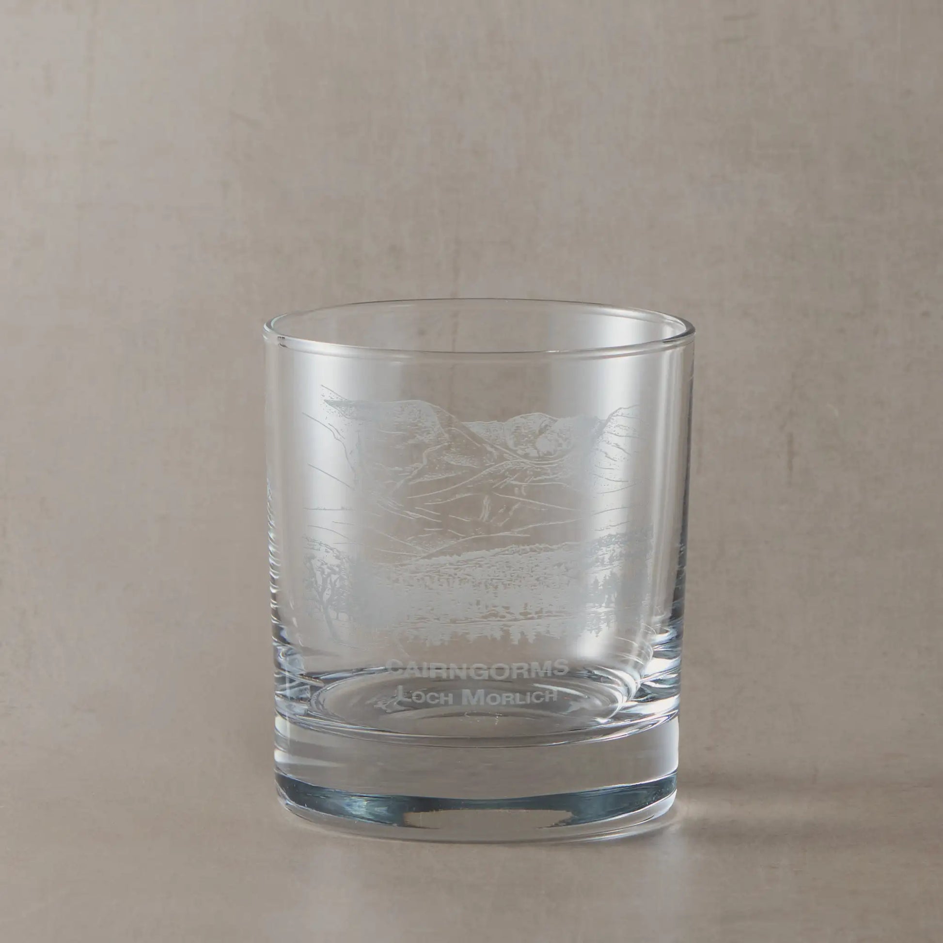 Whisky glass engraved with Loch Morlich with the Cairgorms in the background