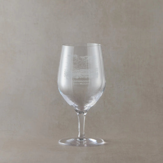 Mineral water glass engraved with Cairngorms and Loch Morlich design, shown on a beige background