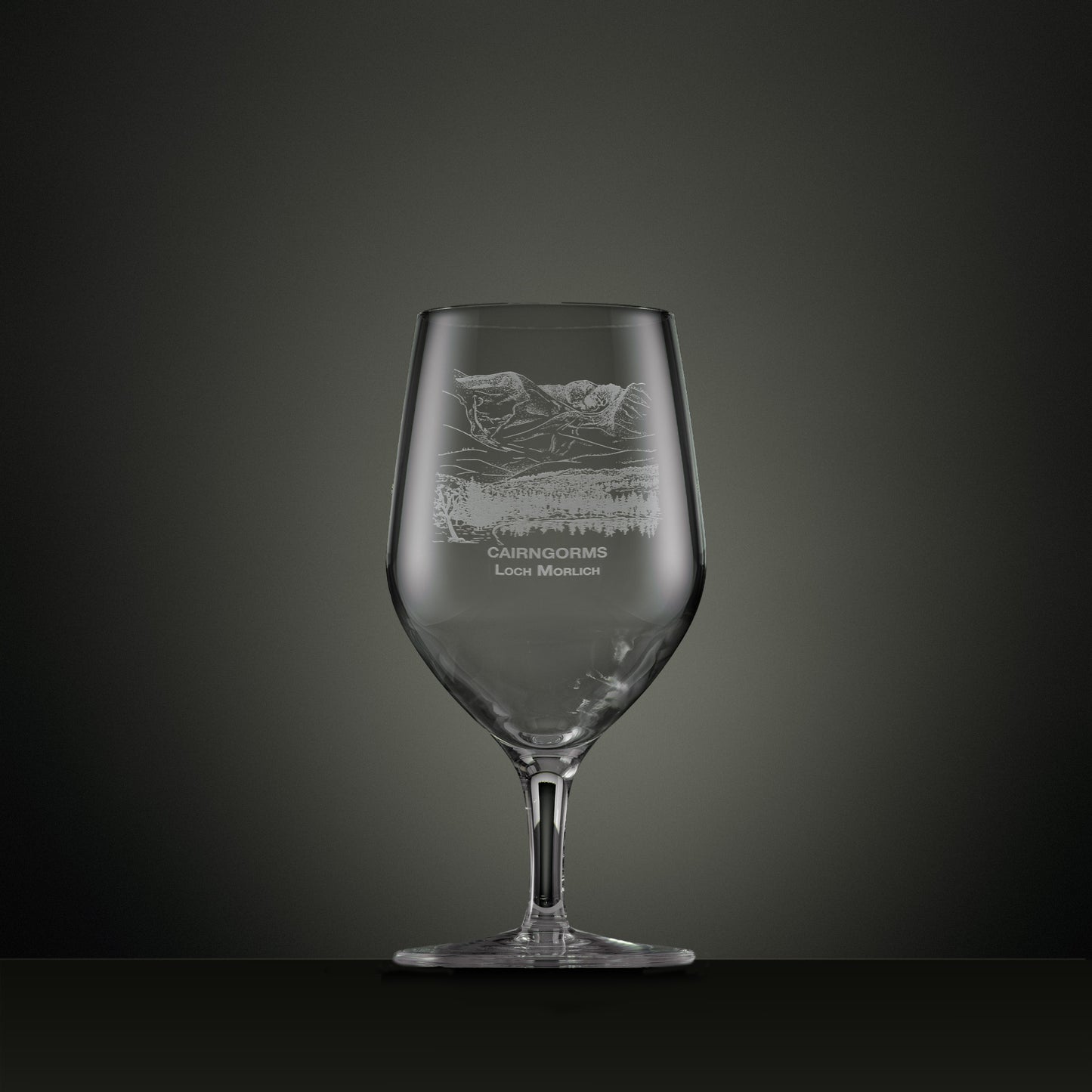 Engraved mineral water glass with Cairngorms and Loch Morlich illustration