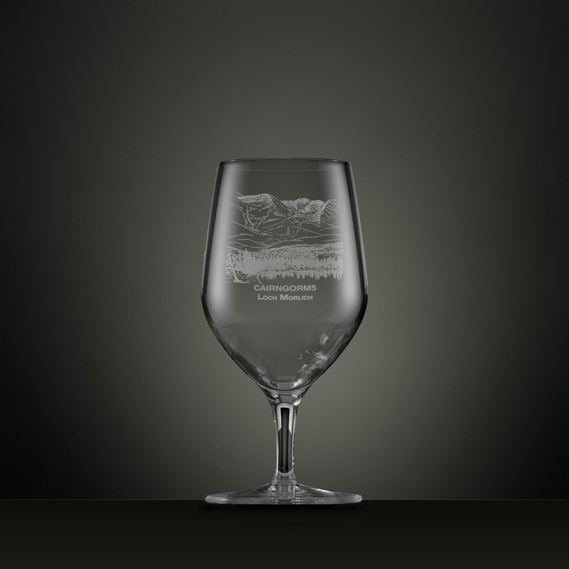 Engraved mineral water glass with Cairngorms and Loch Morlich illustration