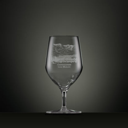 Engraved mineral water glass with Cairngorms and Loch Morlich illustration