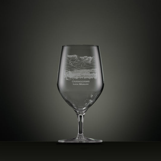 Engraved mineral water glass with Cairngorms and Loch Morlich illustration