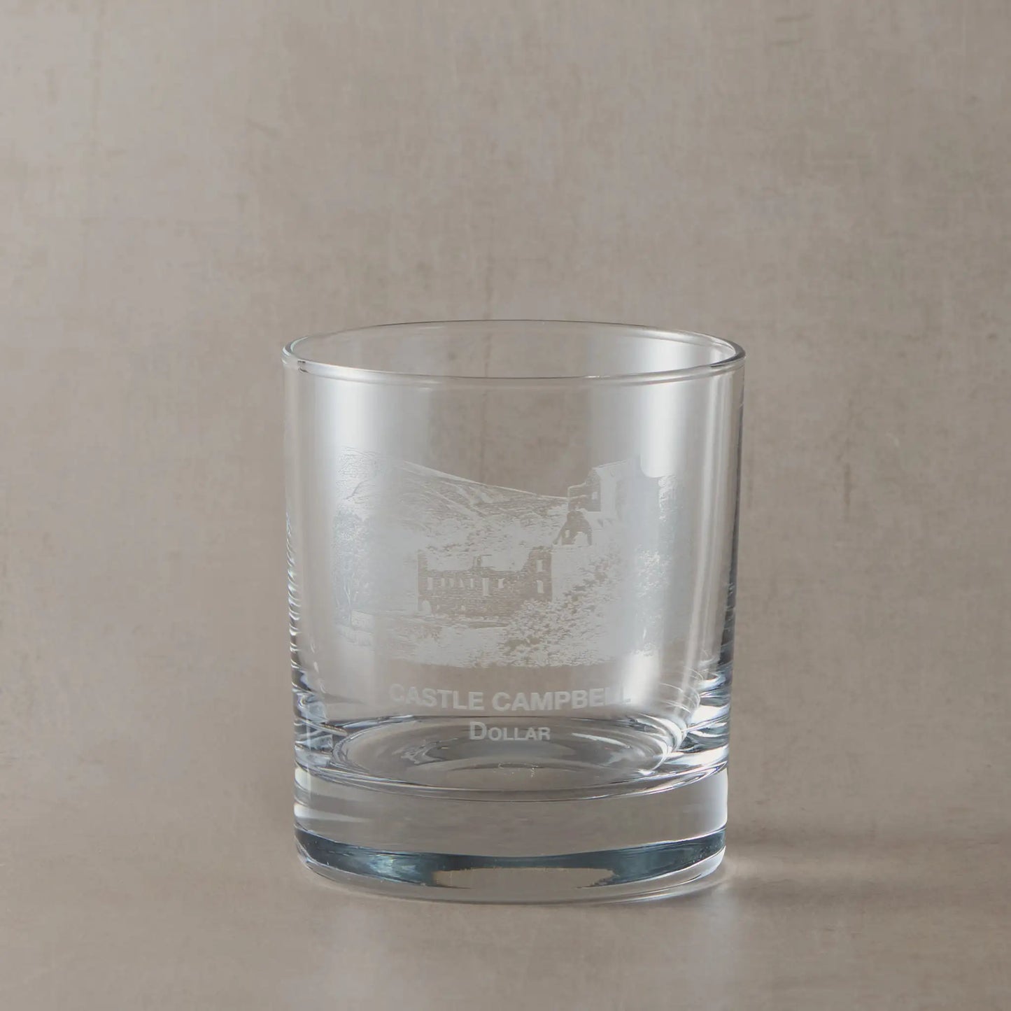 Engraved Glass of whisky featuring Castle Campbell in Clackmannashire, Scotland and personalised text