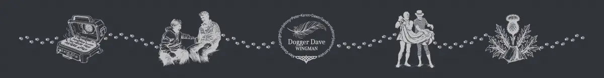 Engraving layout featuring white line-art illustrations of Scottish-themed elements.