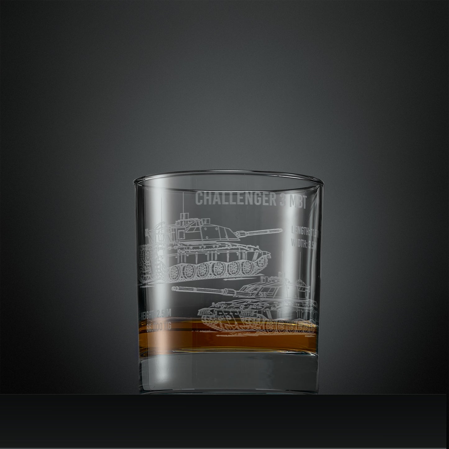 Engraved whisky glass with Challenger Main Battle Tank design