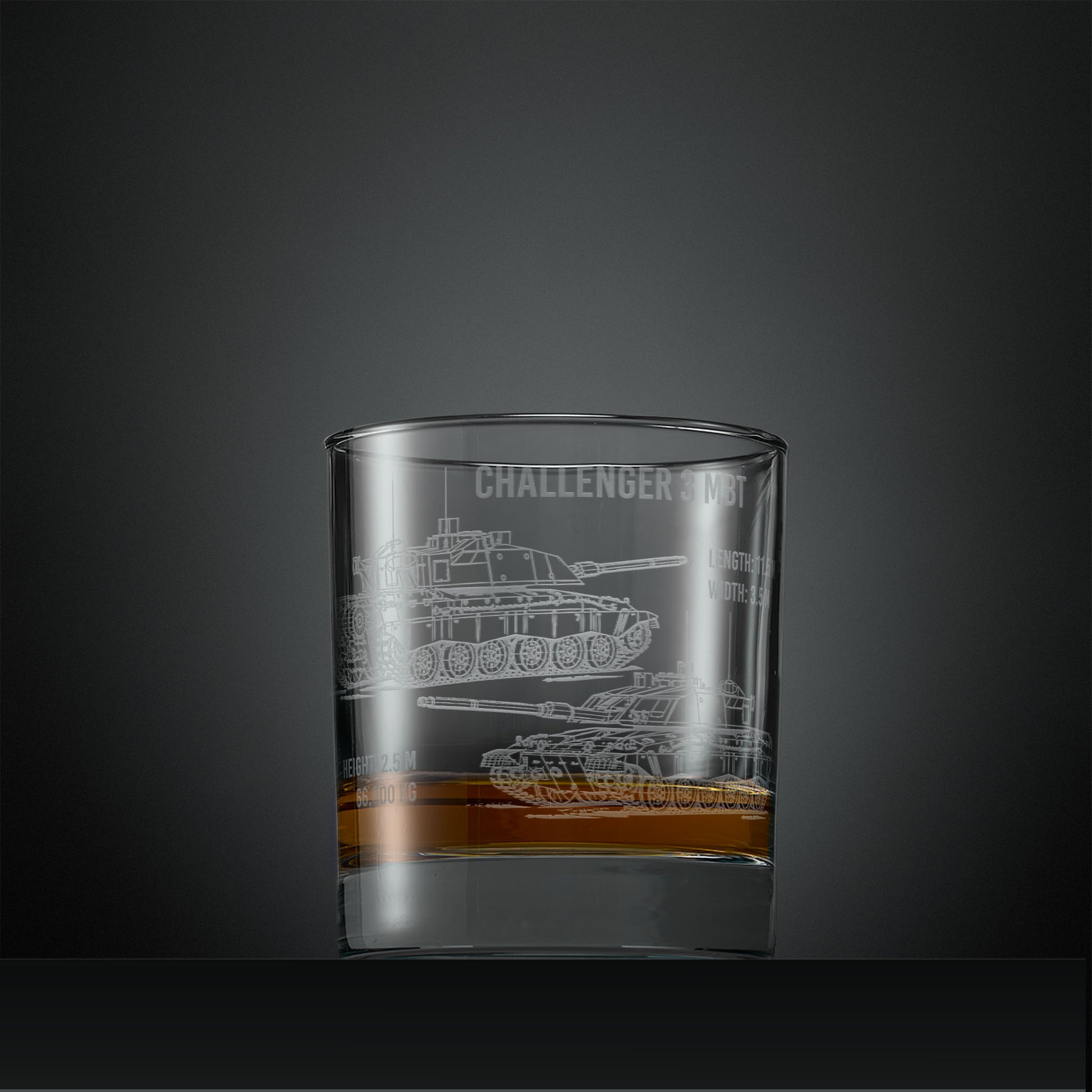 Engraved whisky glass with Challenger Main Battle Tank design