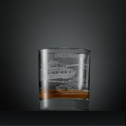Engraved whisky glass with Challenger Main Battle Tank design