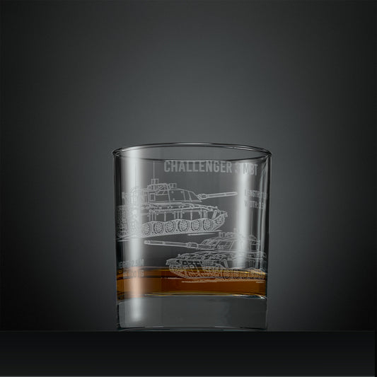 Engraved whisky glass with Challenger Main Battle Tank design