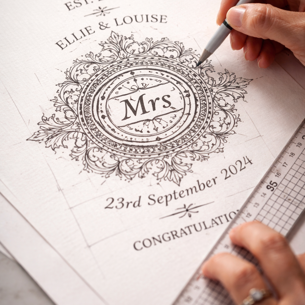Hand-drawn design for a wedding engraving with 'Mrs' and date on paper, using a pen and ruler.