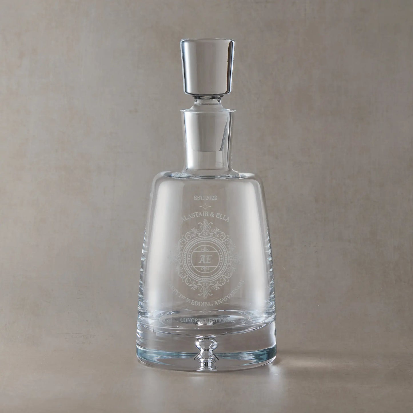 Engraved decanter with Chantilly lace wedding anniversary design and personalised text