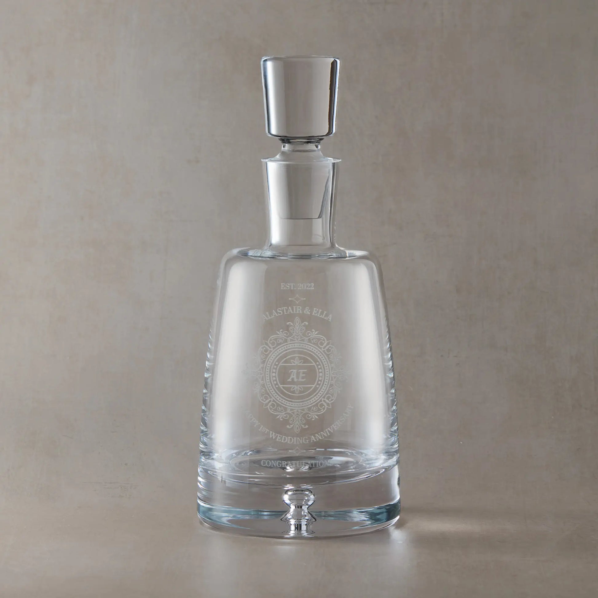 Engraved decanter with Chantilly lace wedding anniversary design and personalised text