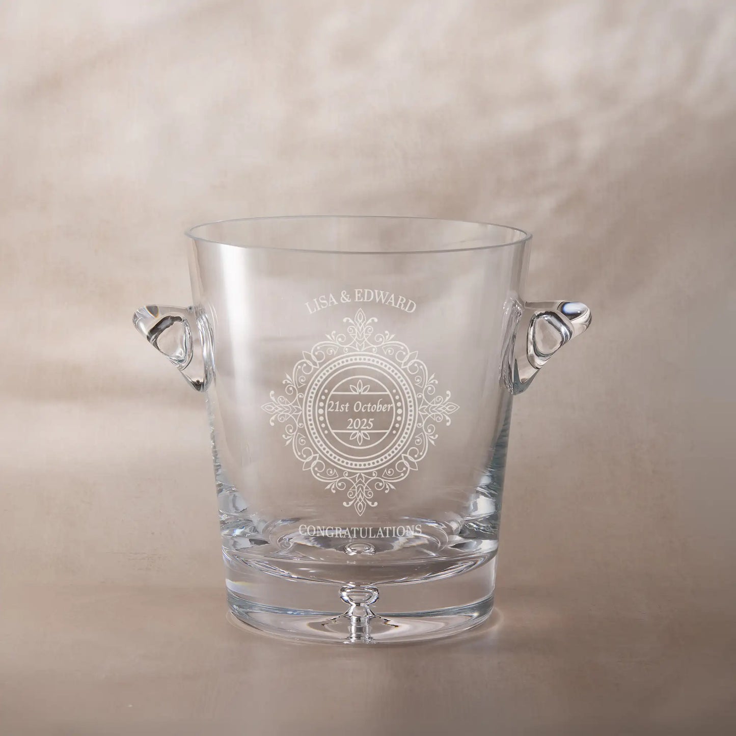 Engraved champagne ice bucket with personalised chantilly lace wedding design 