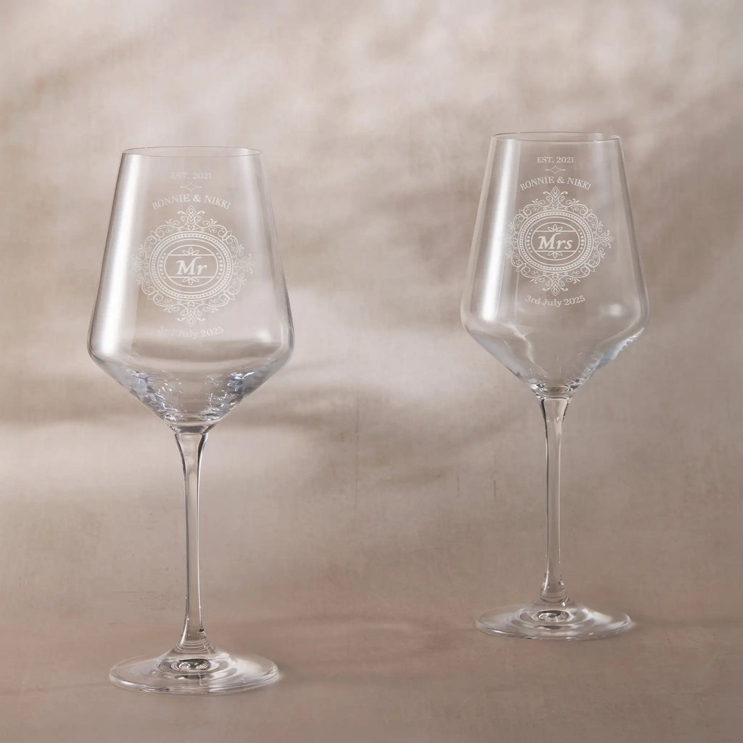 Pair of engraved wine glasses with Chantilly lace design and ‘Mr & Mrs’ titles