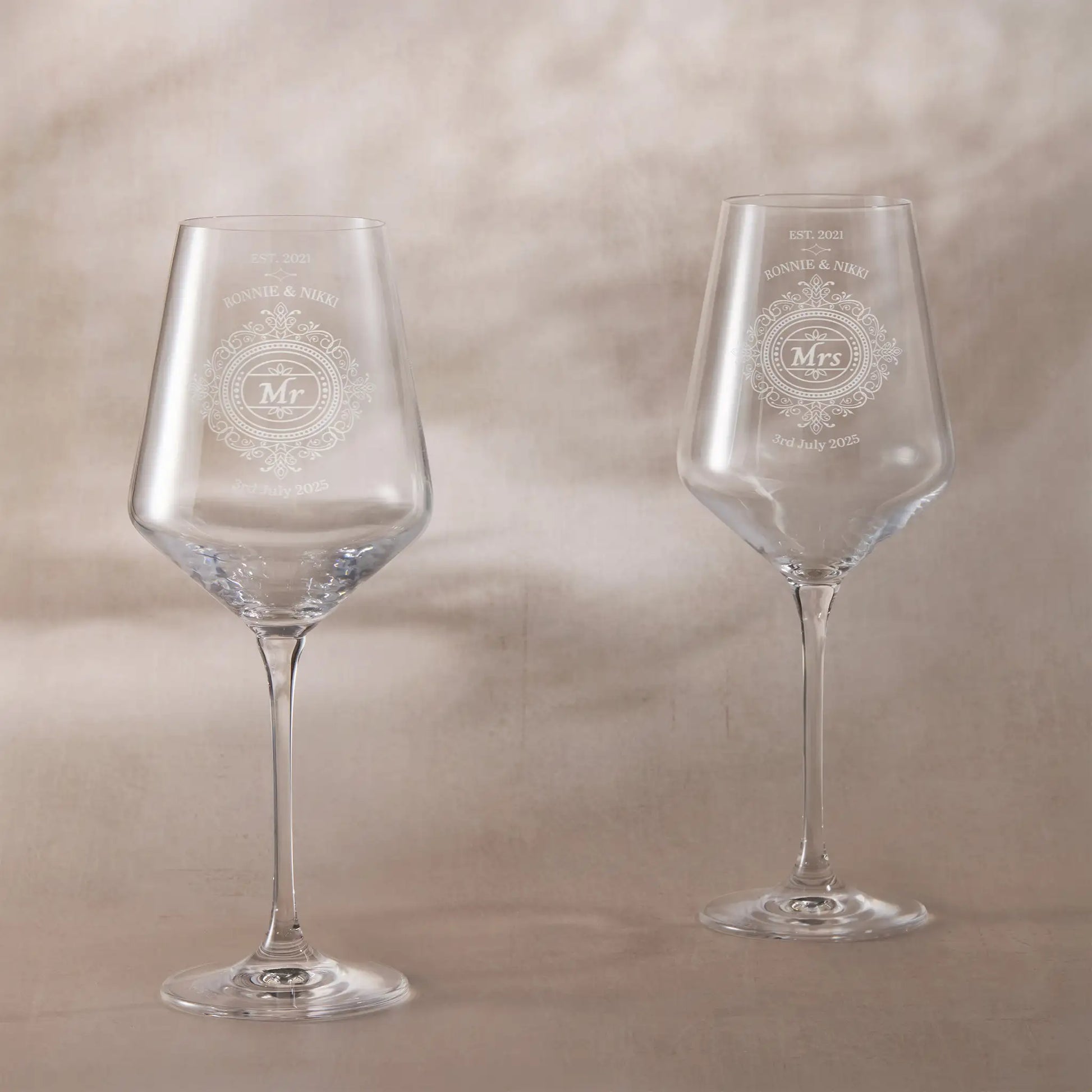 Pair of engraved wine glasses with Chantilly lace design and ‘Mr & Mrs’ titles