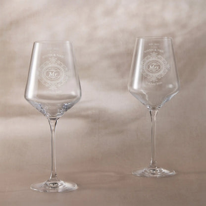 Pair of engraved wine glasses with Chantilly lace design and ‘Mr & Mrs’ titles