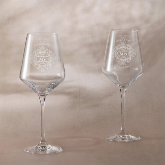 Pair of engraved wine glasses with Chantilly lace design and ‘Mr & Mrs’ titles