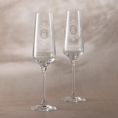 Pair of engraved champagne flutes with Chantilly lace design and ‘Mr & Mr’ titles