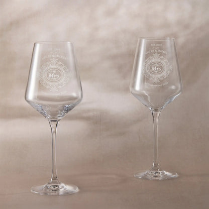 Pair of engraved wedding wine glasses with Chantilly lace design and ‘Mrs & Mrs’ titles