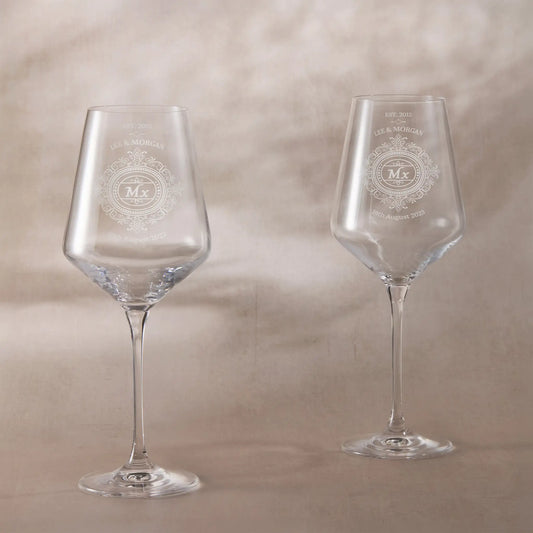 Pair of engraved wine glasses with Chantilly lace design and ‘Mx & Mx’ titles