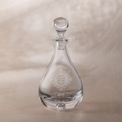 Personalised wedding decanter with engraved chantilly lace design on a beige background