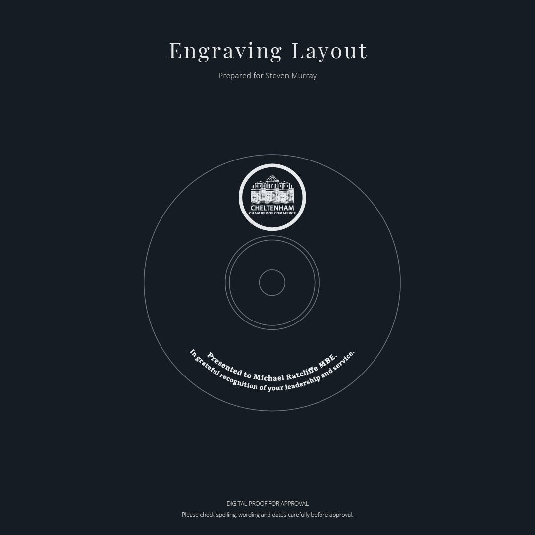Engraving layout for a corporate presentation bowl with text and a logo