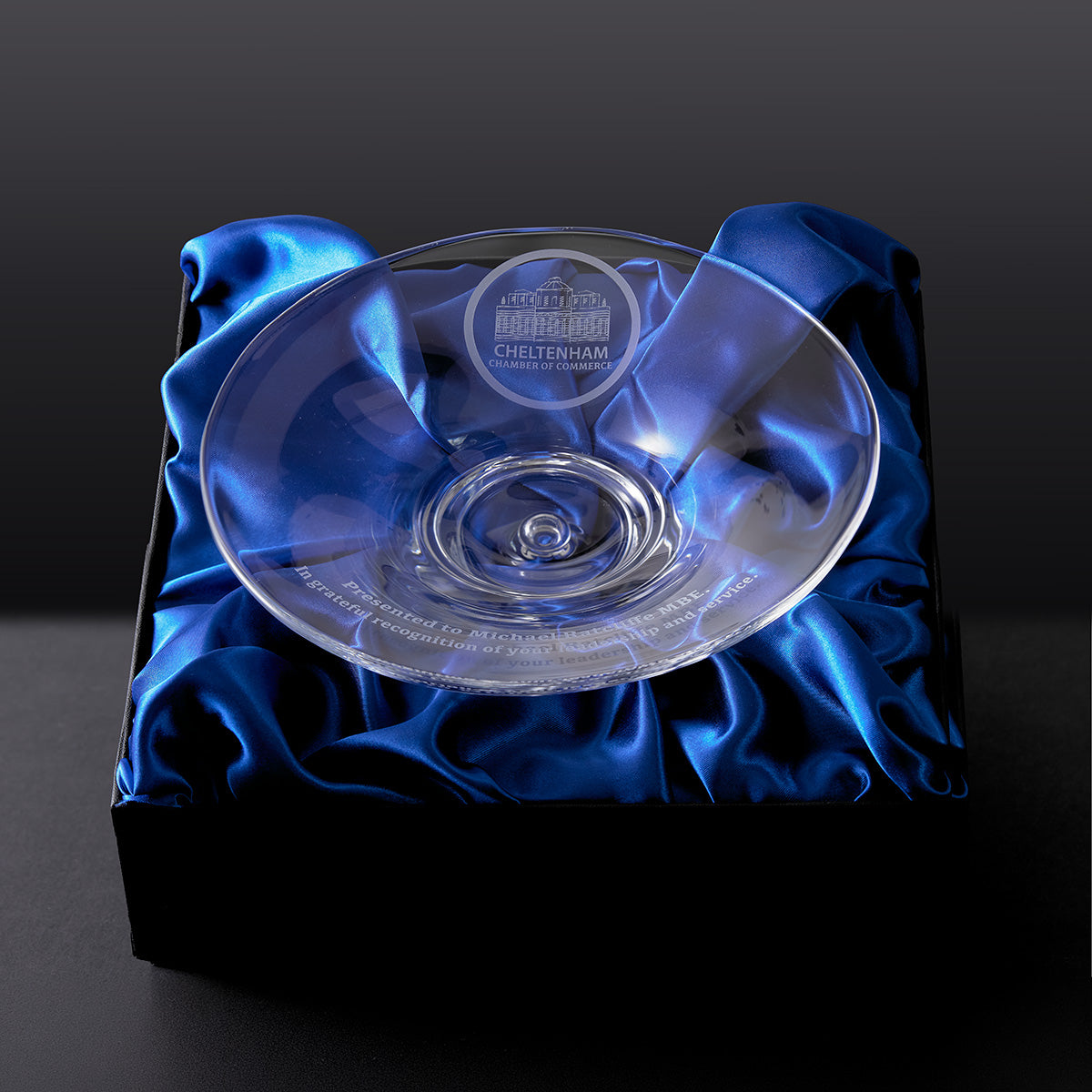 Engraved shallow presentation bowl with corporate branding and personalised dedication