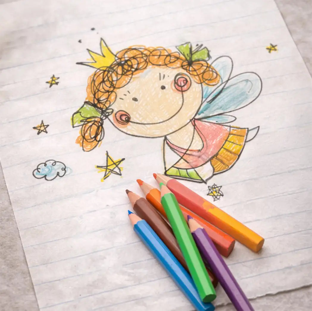 Colorful drawing of a fairy on lined paper with colored pencils.