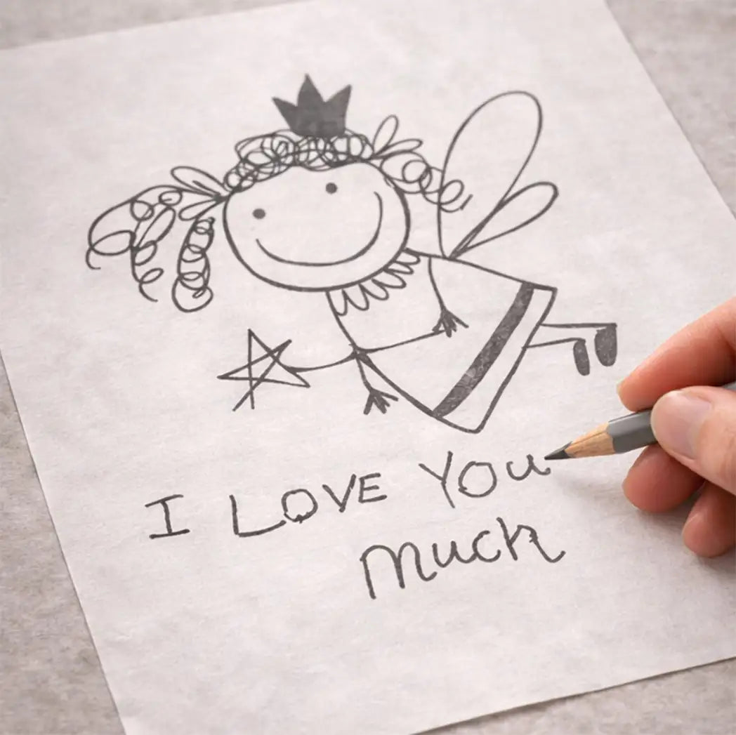 Hand-drawn fairy with 'I Love You Much' text on a piece of paper.