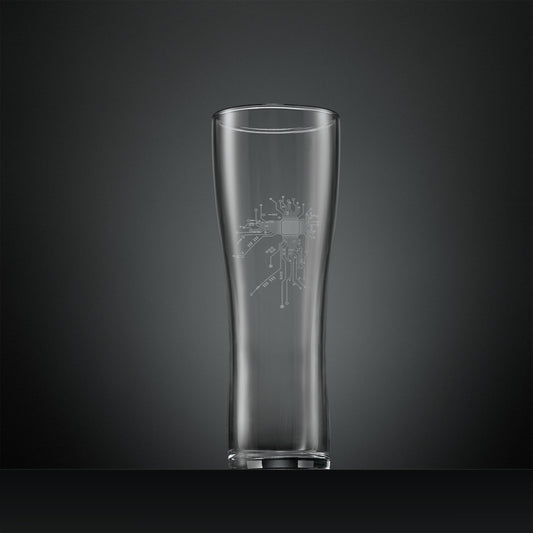 Engraved pint glass with circuit board design