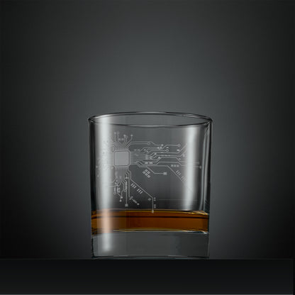 Engraved whisky glass with circuit board design