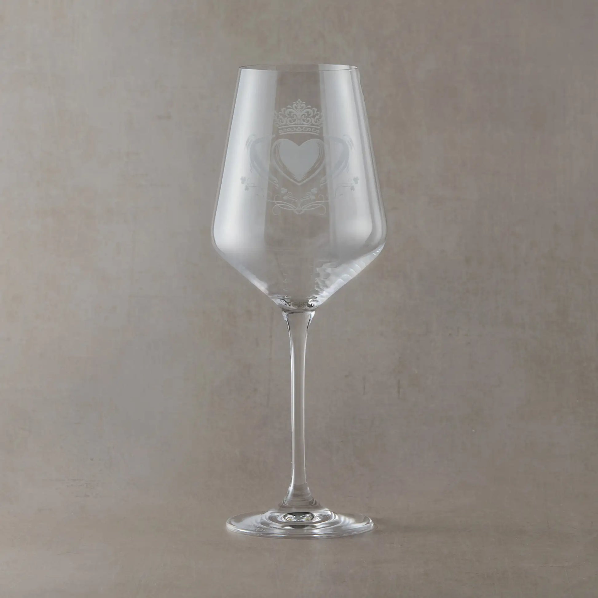 Engraved wine glass with claddagh and shamrock design