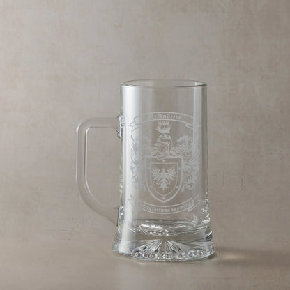 Heraldic tankard engraved with coat of arms, shield, family name, motto and mantle