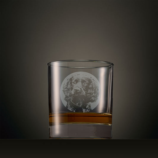 Engraved whisky glass featuring a Cocker Spaniel portrait set within a circular design, photographed on a studio background