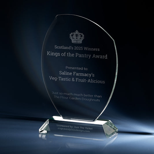 Engraved optical crystal leaf award with corporate logo and presentation text