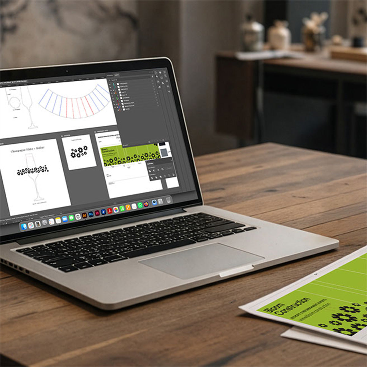 Laptop on a wooden table with engraving design software open on the screen