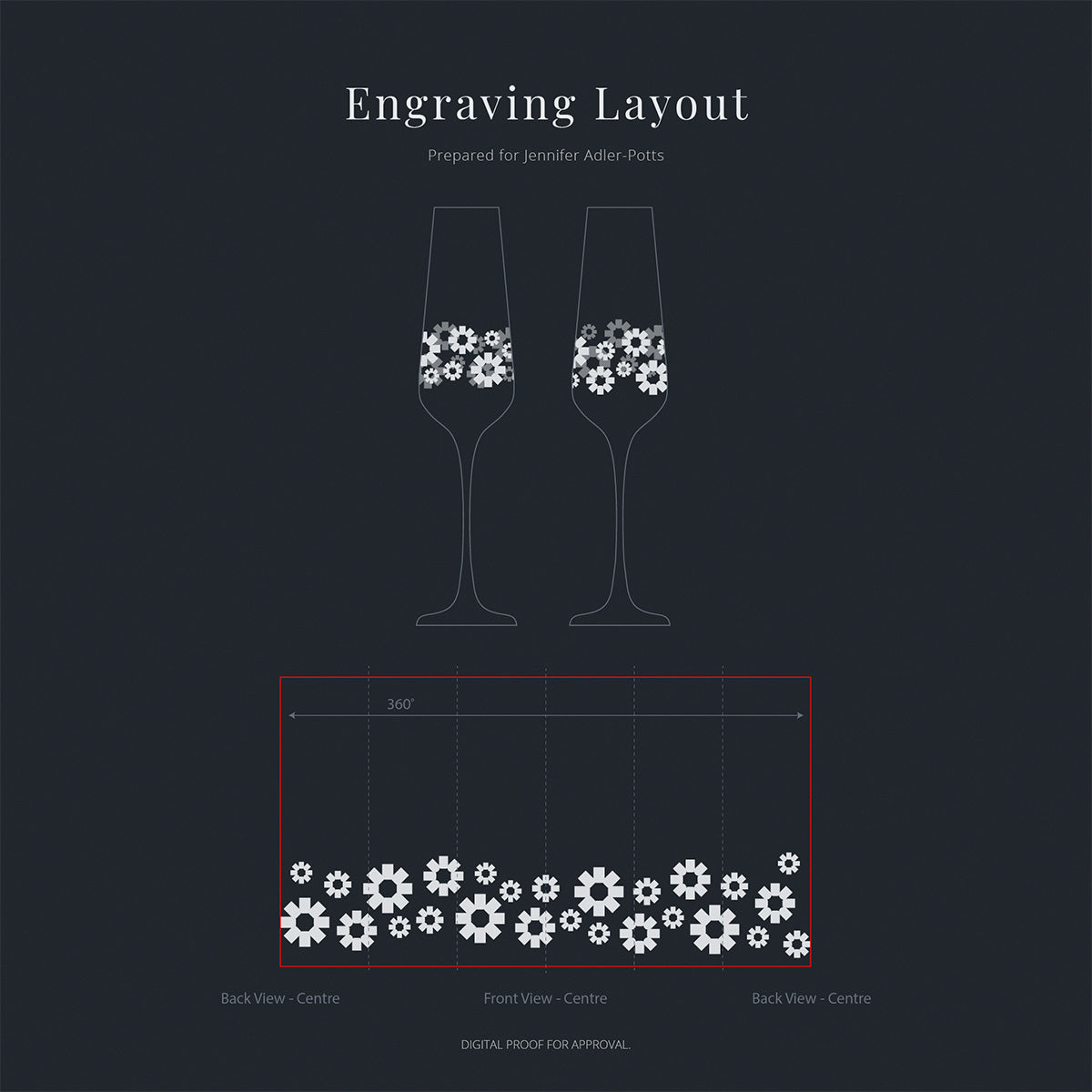 Design layout for engraving cogs on two champagne glasses with measurements 