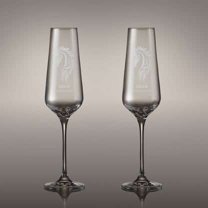 Pair of engraved champagne flutes with corporate logo