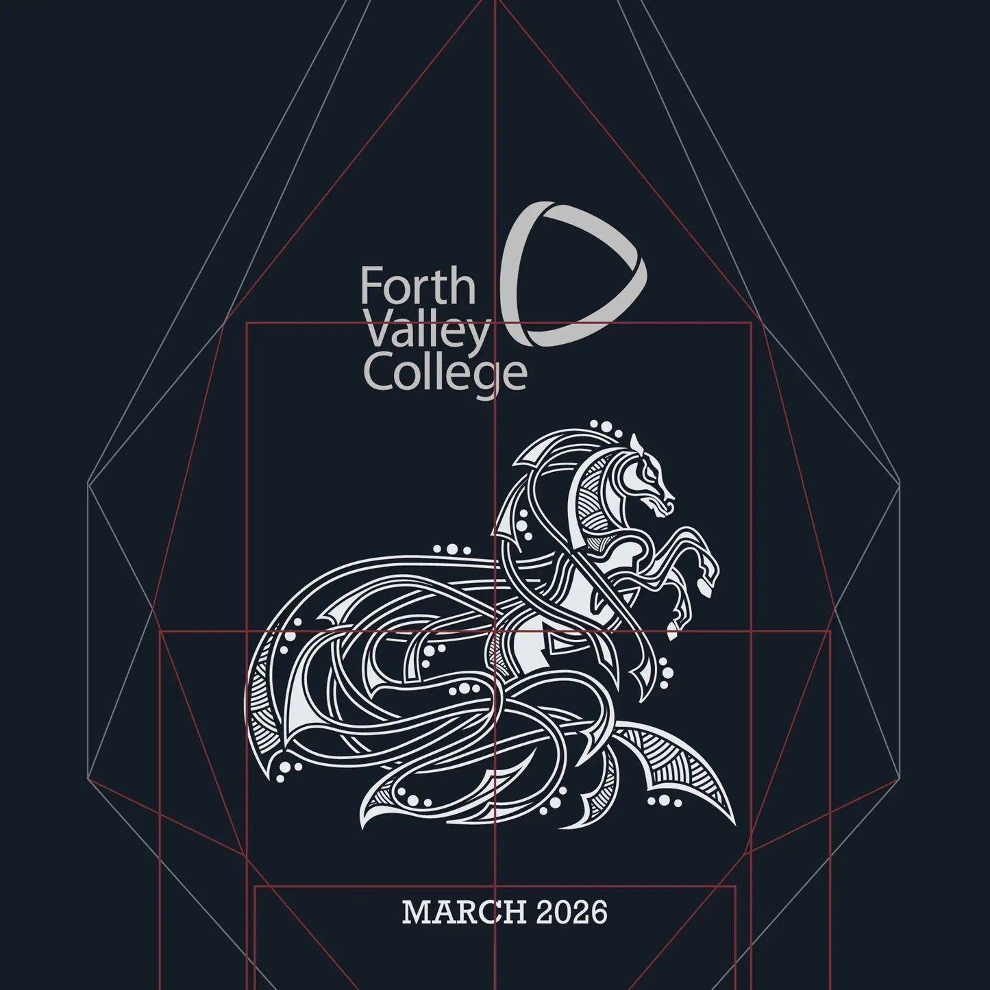 Forth Valley College logo with a decorative horse design on a dark background