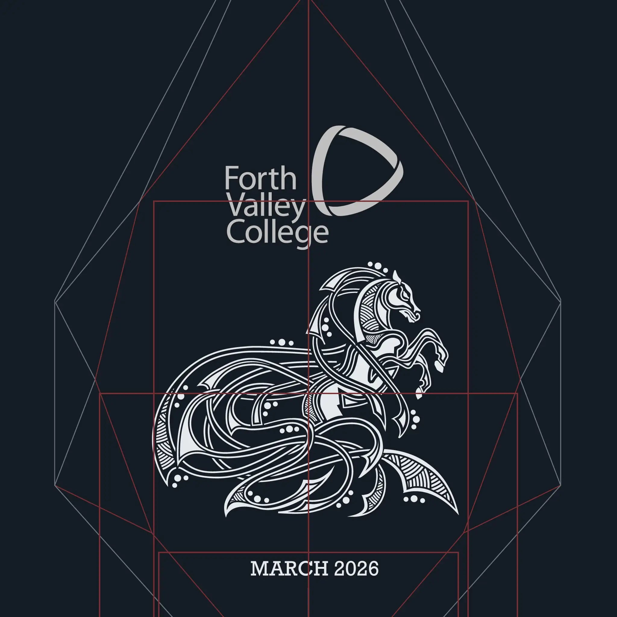 Forth Valley College logo with a decorative horse design on a dark background