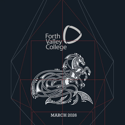 Forth Valley College logo with a decorative horse design on a dark background