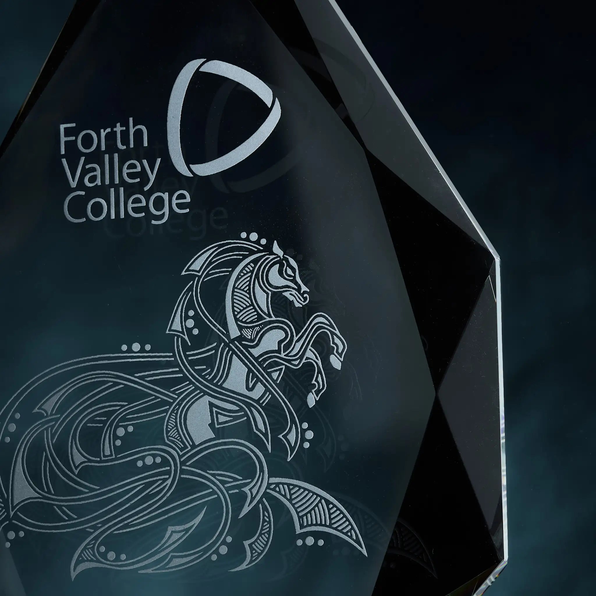 Faceted Award with corporate logo engraved detail on a dark backround