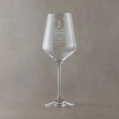 Engraved wine glass with a laurel wreath and 'thankyou' in the centre, six stars, recipient’s name, and a short message